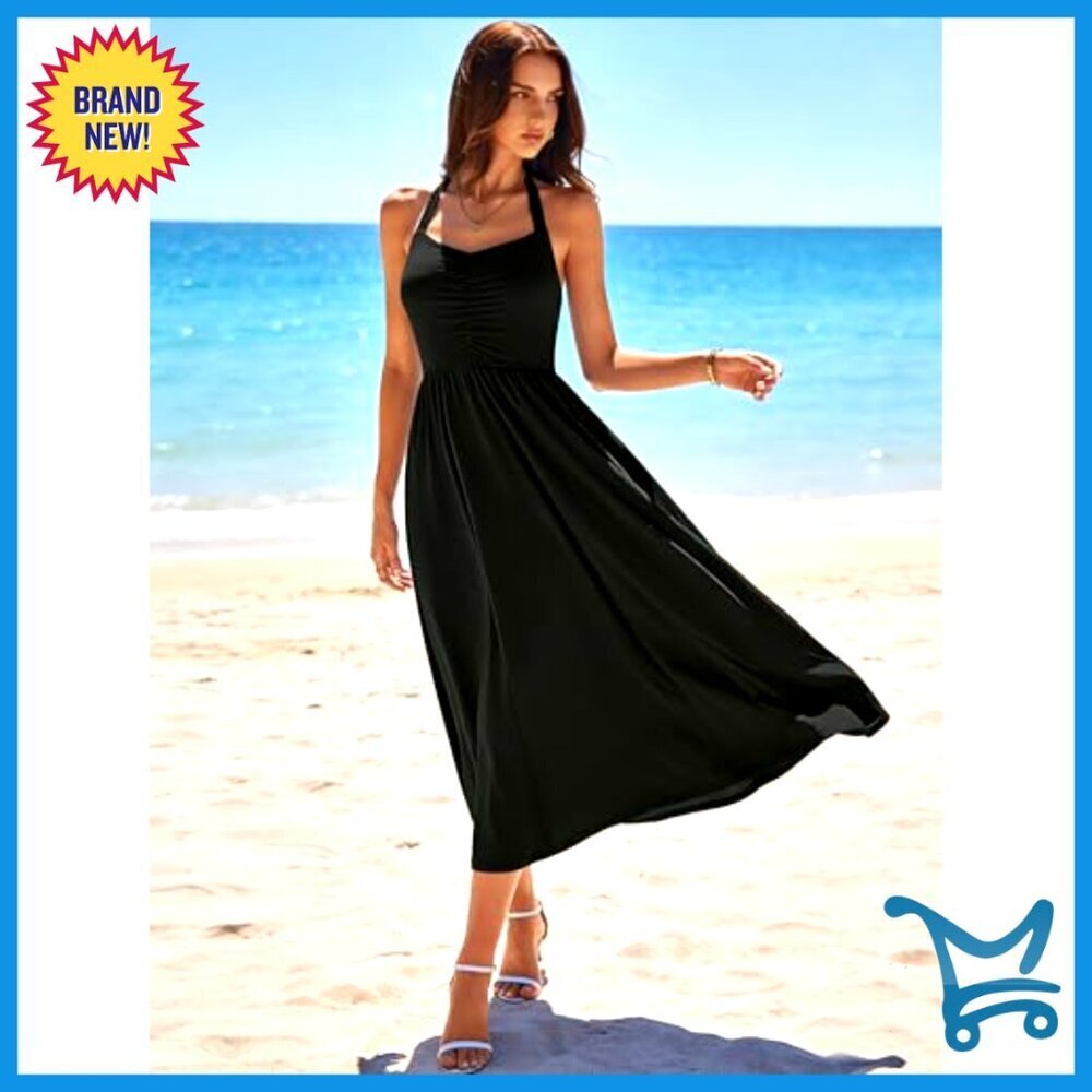 Halter Midi Dress Ruched Backless Flowy A-Line Summer Beach Wedding Guest - Picture 2 of 6